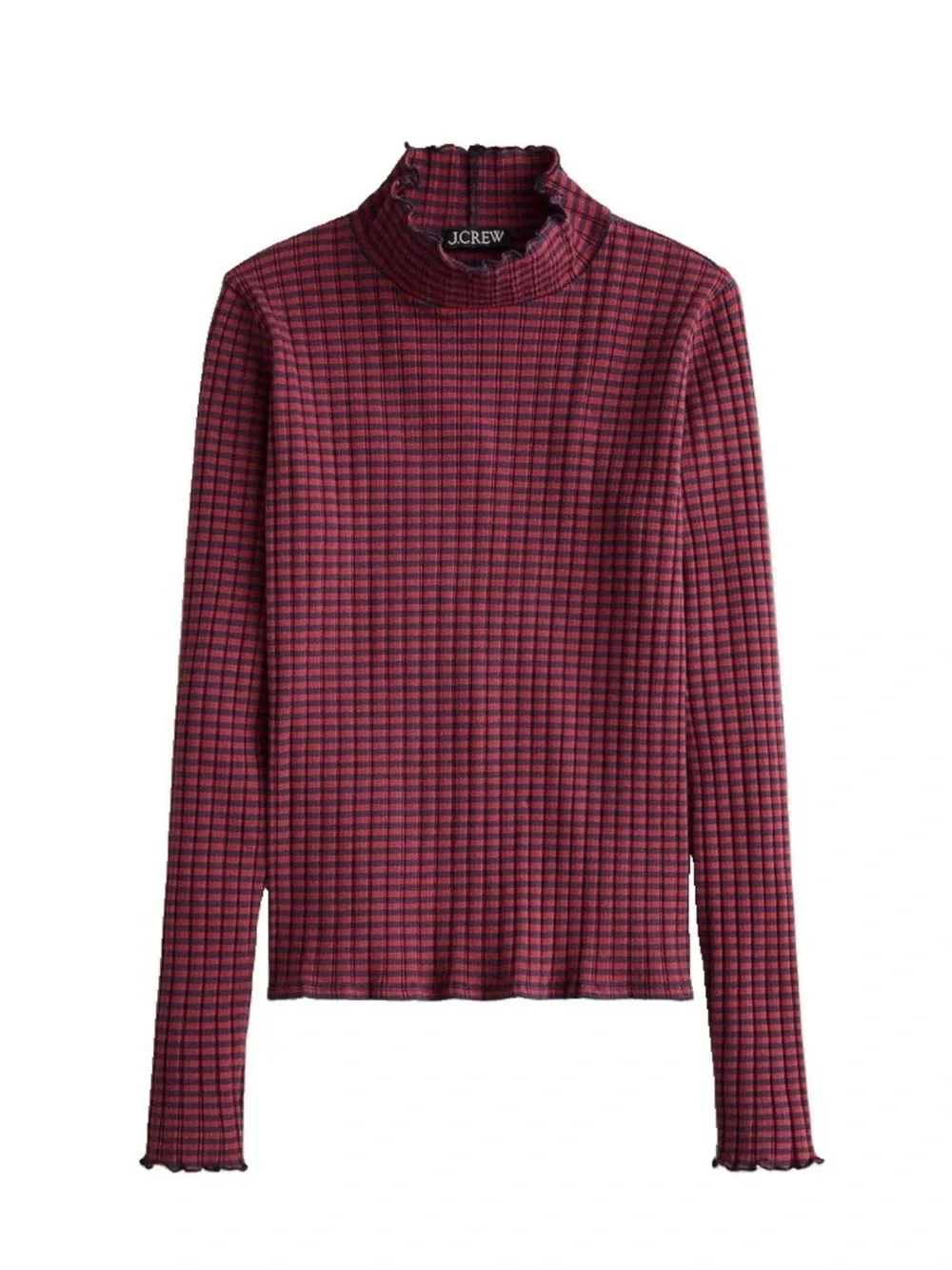 J Crew Pointelle Turtleneck Red Navy Stripe Scalloped Lettuce Trim Women’s XXS